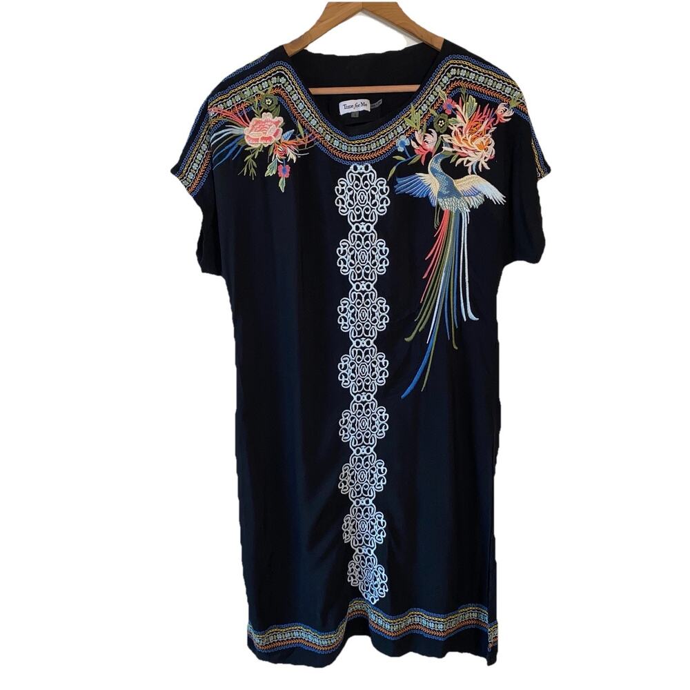Time For Me Black Embroidered Mini Dress L Tropical‎ Resort Artsy Cover Up Boho